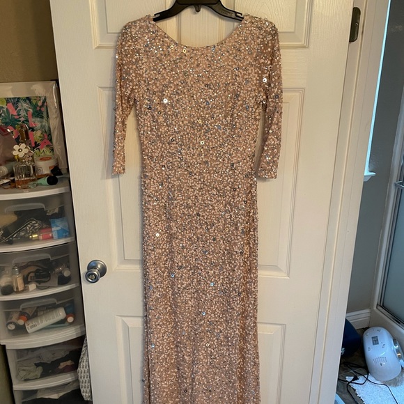 SCOOP BACK SEQUIN GOWN WITH THREE QUARTER SLEEVES IN CHAMPAGNE SILVER - Picture 5 of 7